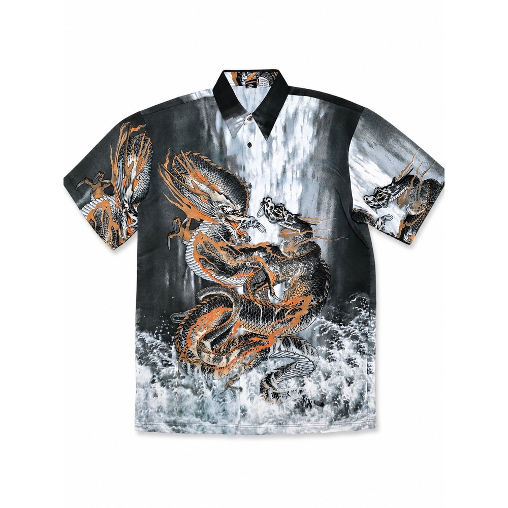 Billionbay Vintage Y2K Dragon Shirt Mens XL Black Orange Graphic Button Down